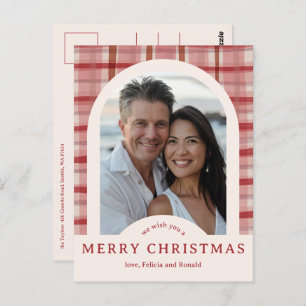 MERRY CHRISTMAS Watercolor Plaid CUSTOM Arch PHOTO Postcard