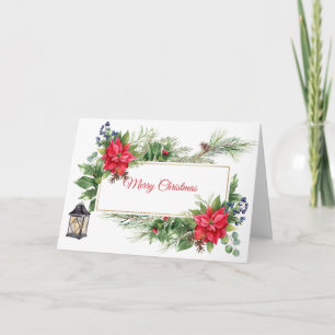 Merry Christmas Watercolor Poinsettia, Berries  Card