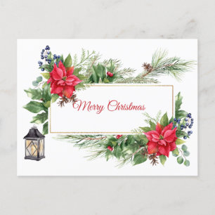 Merry Christmas Watercolor Poinsettia, Berries  Holiday Postcard