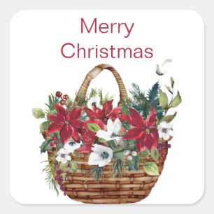 Merry Christmas Watercolor Poinsettia Floral Square Sticker
