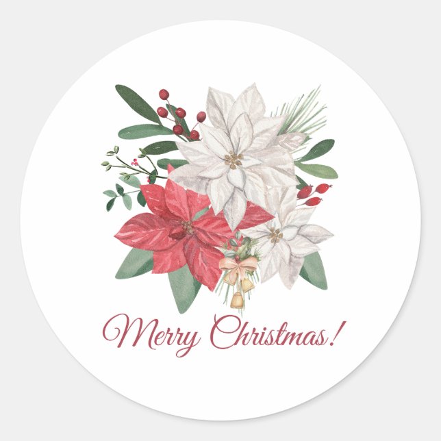 Merry Christmas Watercolor Poinsettia Flowers   Classic Round Sticker (Front)