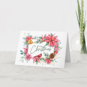 Merry Christmas Watercolor Poinsettia Flowers  Holiday Card