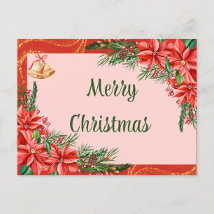 Merry Christmas Watercolor Poinsettia Flowers  Holiday Postcard