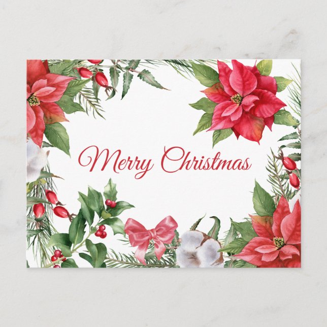 Merry Christmas Watercolor Poinsettia Flowers  Holiday Postcard (Front)
