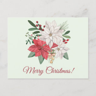Merry Christmas Watercolor Poinsettia Flowers Holiday Postcard