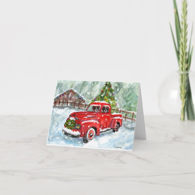merry christmas watercolor pups driving red truck card (Front)