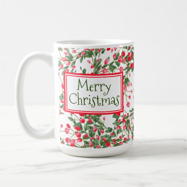 Merry Christmas Watercolor Red Berries Mug (Left)