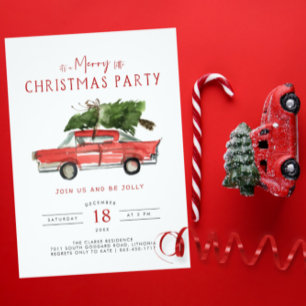 Merry Christmas Watercolor Red Car Holiday Party Invitation