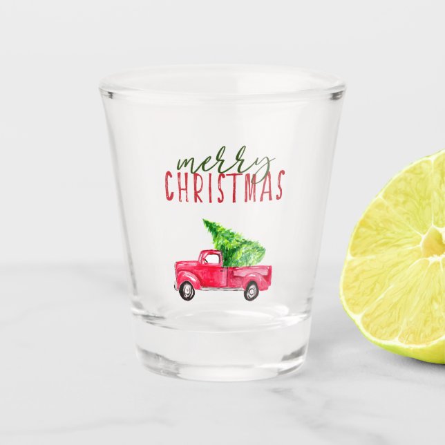 Merry Christmas Watercolor Red Pickup Truck Tree Shot Glass (Front)