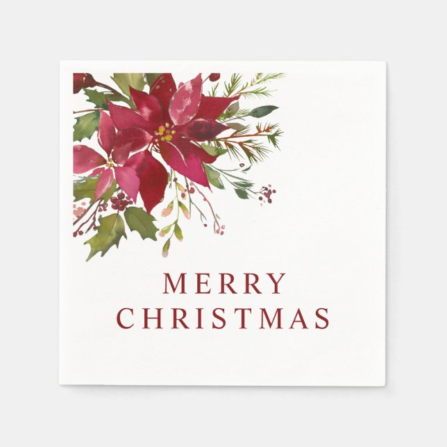 Merry Christmas Watercolor Red Poinsettias Napkin (Front)