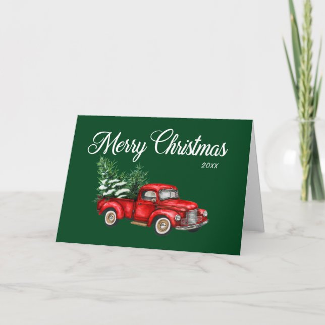 Merry Christmas Watercolor Red Truck Green Year Card (Front)