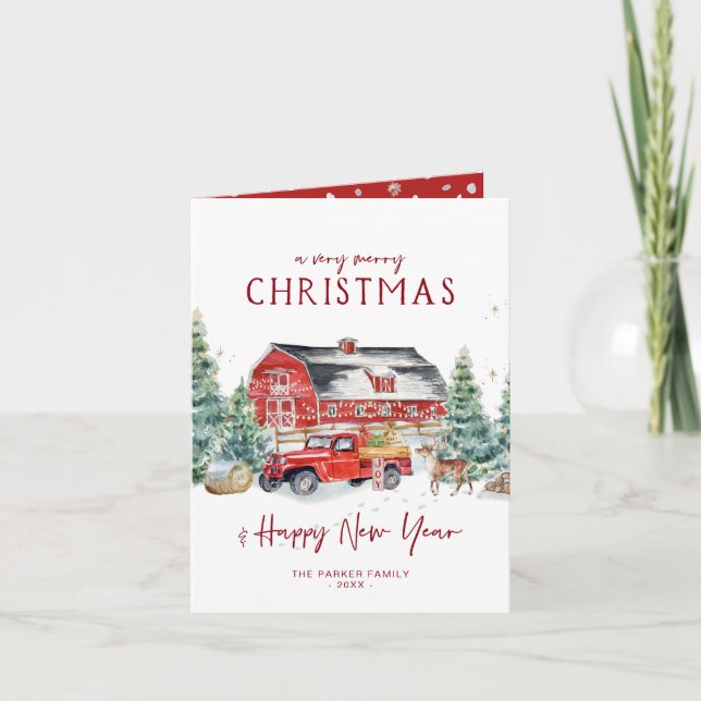 Merry Christmas | Watercolor Red Truck Holiday Card (Front)