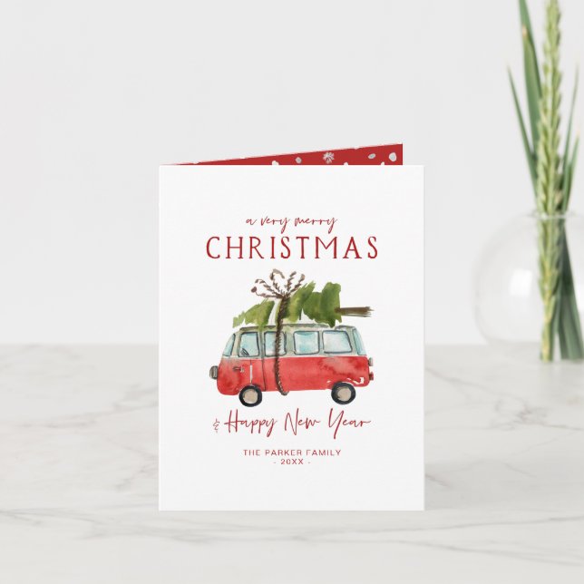 Merry Christmas | Watercolor Red Van Holiday (Front)