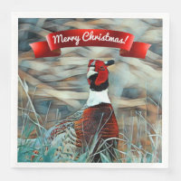 Merry Christmas Watercolor Ring-neck Pheasant