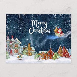 Merry Christmas Watercolor Santa, Snowman Holiday Postcard
