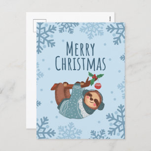 Merry Christmas Watercolor Sloth and Snowflakes Holiday Postcard