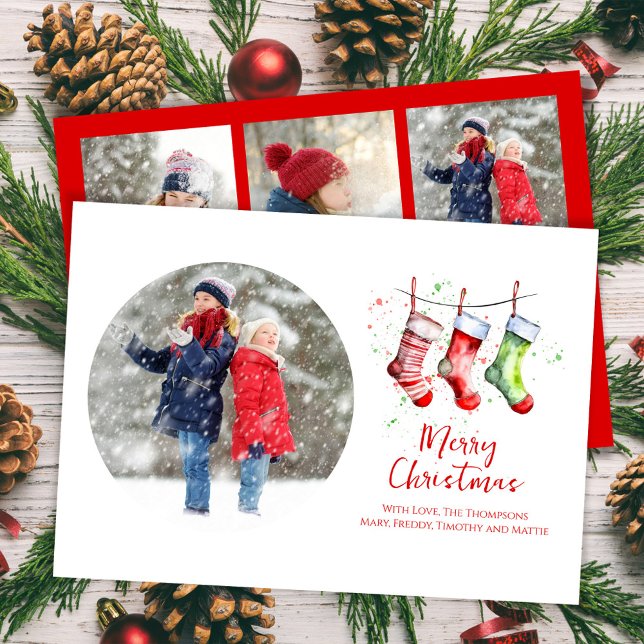 Merry Christmas Watercolor Stockings Photo Collage Holiday Card (Merry Christmas holiday photo card with whimsical watercolor stockings. )
