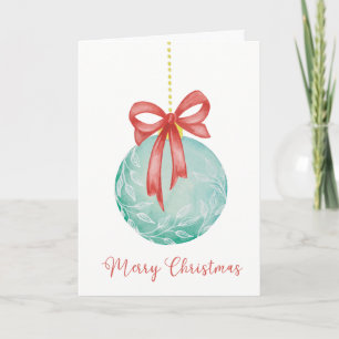 Merry Christmas Watercolor Teal Ornament Red Bow Card