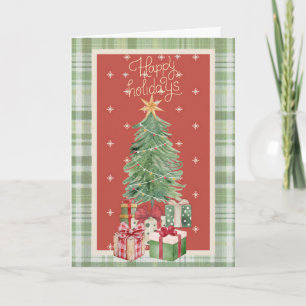 Merry Christmas Watercolor Tree and Plaid Holiday Card