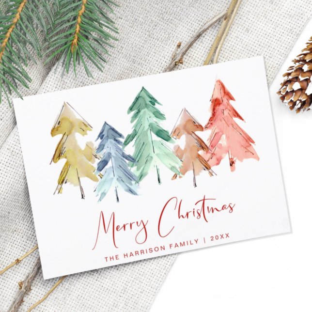 Merry Christmas Watercolor Trees Holiday Postcard (Creator Uploaded)