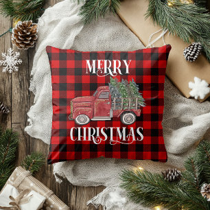 Merry Christmas Watercolor Truck Buffalo Plaid Cushion