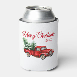 Merry Christmas Watercolor Vintage Red Truck Date Can Cooler