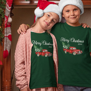 Merry Christmas Watercolor Vintage Red Truck Date T-Shirt