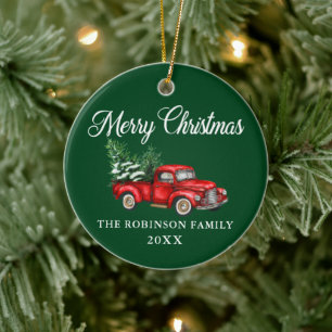 Merry Christmas Watercolor Vintage Red Truck Green Ceramic Tree Decoration