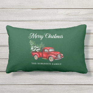 Merry Christmas Watercolor Vintage Red Truck Porch Lumbar Cushion