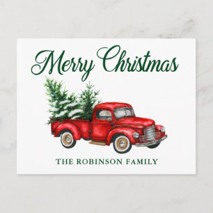 Merry Christmas Watercolor Vintage Red Truck Postcard