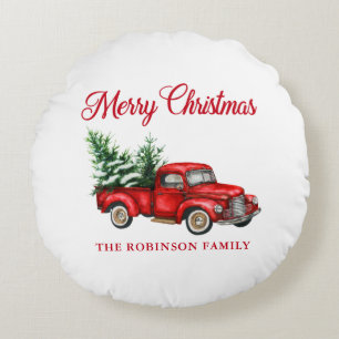 Merry Christmas Watercolor Vintage Red Truck White Round Cushion