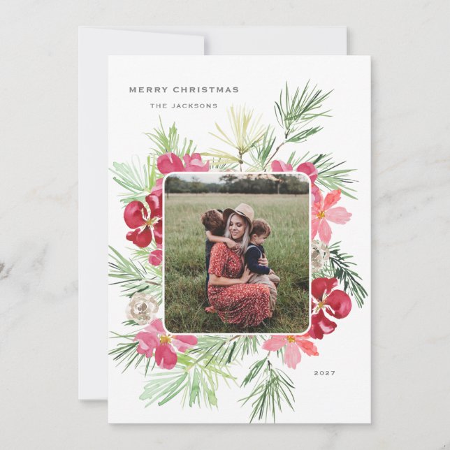 Merry Christmas Watercolor Winter Botanical Wreath Holiday Card (Front)