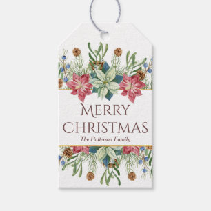 Merry Christmas Watercolor Winter Flowers Name Gift Tags