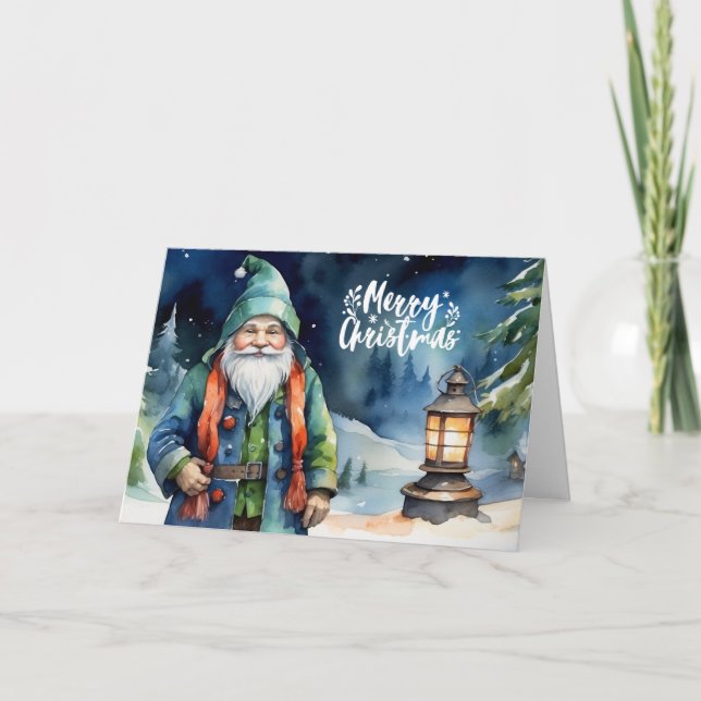 Merry Christmas Watercolor Winter Gnome Holiday Card (Front)