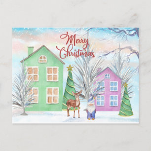 Merry Christmas Watercolor Winter Illustration  Holiday Postcard