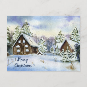 Merry Christmas Watercolor Winter Landscape Holiday Postcard