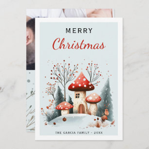 Merry Christmas Watercolor Woodland Photo Holiday Card
