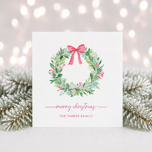 Merry Christmas Watercolor Wreath and Red Bow Holiday Card