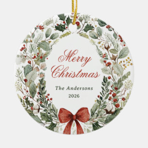 Merry Christmas   Watercolor Wreath Bow and Photo Ceramic Tree Decoration