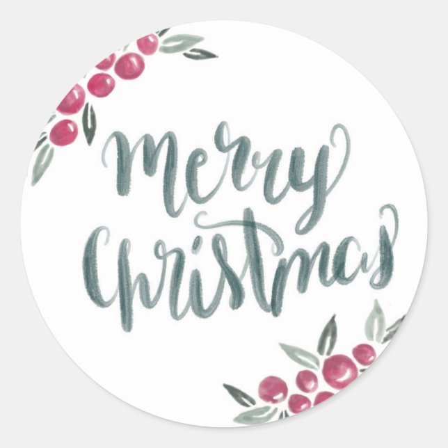 Merry Christmas Watercolor Wreath Classic Round Sticker (Front)