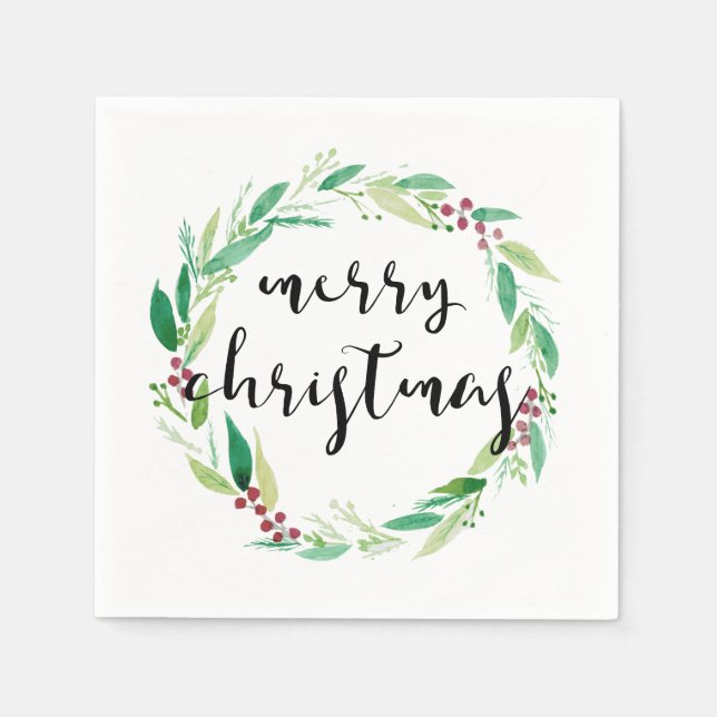 Merry Christmas Watercolor Wreath Elegant Chic Napkin (Front)