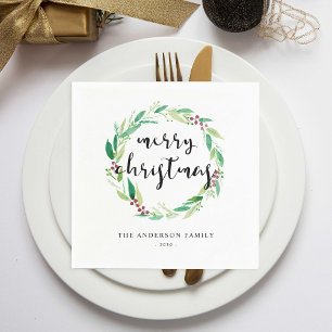 Merry Christmas Watercolor Wreath Elegant Custom Napkin