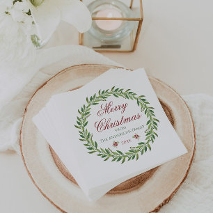 Merry Christmas Watercolor Wreath Family  Napkin