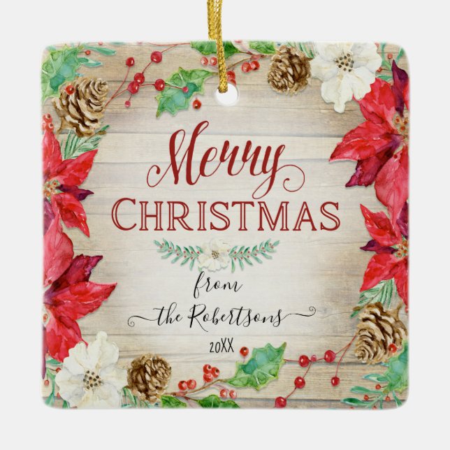 Merry Christmas Watercolor Wreath Family Photo Ceramic Ornament (Front)