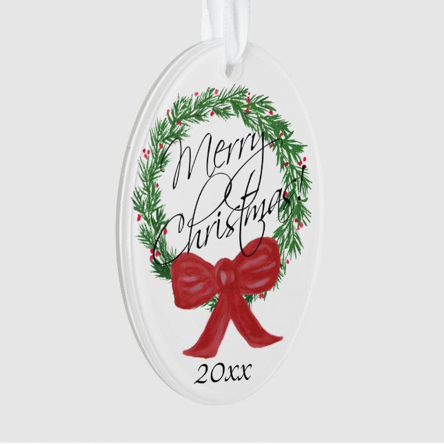 Merry Christmas Watercolor Wreath Photo on Back Ornament (Front)