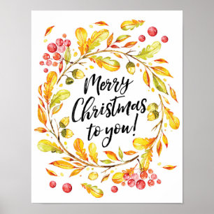 Merry Christmas watercolor wreath poster print
