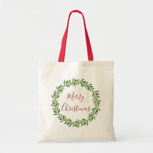 Merry Christmas Watercolor Wreath Tote Bag