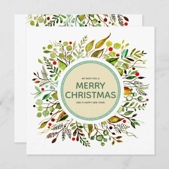 Merry Christmas Watercolor Wreath Vibrant Holiday Card (Front/Back)
