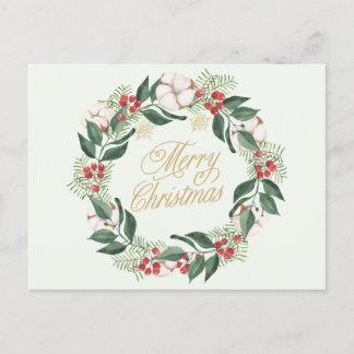 Merry Christmas Watercolor Wreath with Berries Holiday Postcard