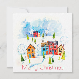Merry Christmas watercolour snowy township Card
